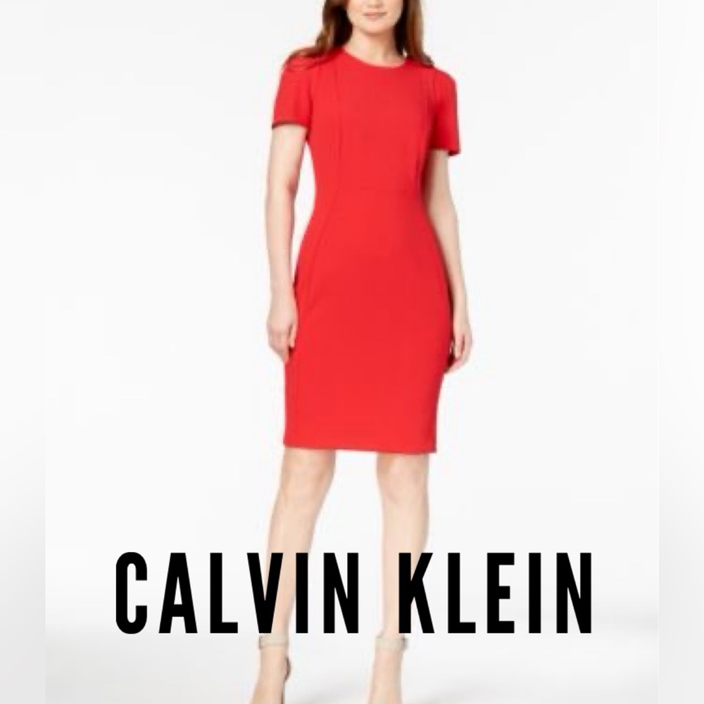 NEW Calvin Klein Seamed Scuba Short Puff Sleeve Crepe Sheath Dress Size 6 NWT